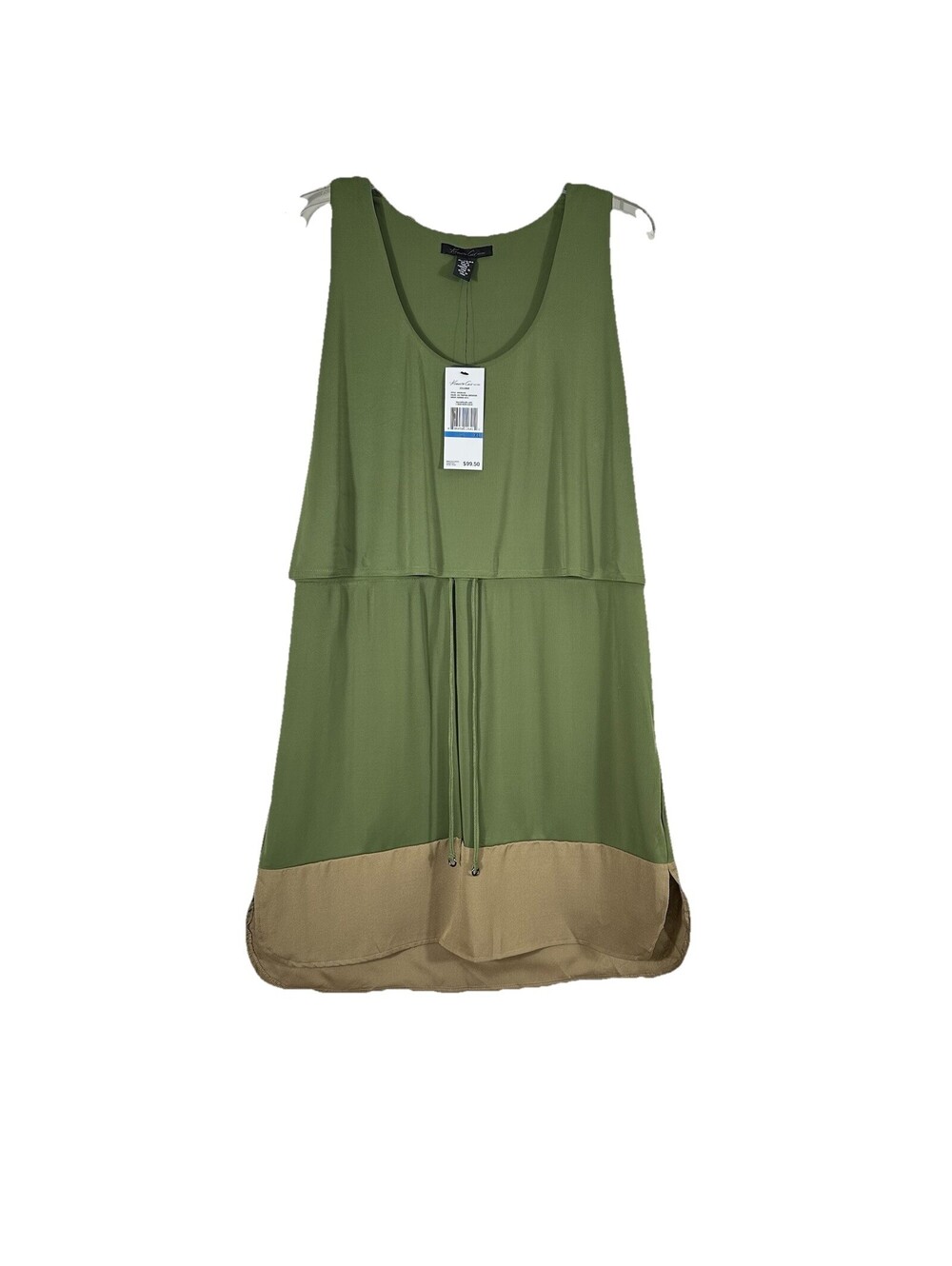 Kenneth Cole Women’s XL Sleeveless Mixed-Media Midi Dress Green Tan Drawstring